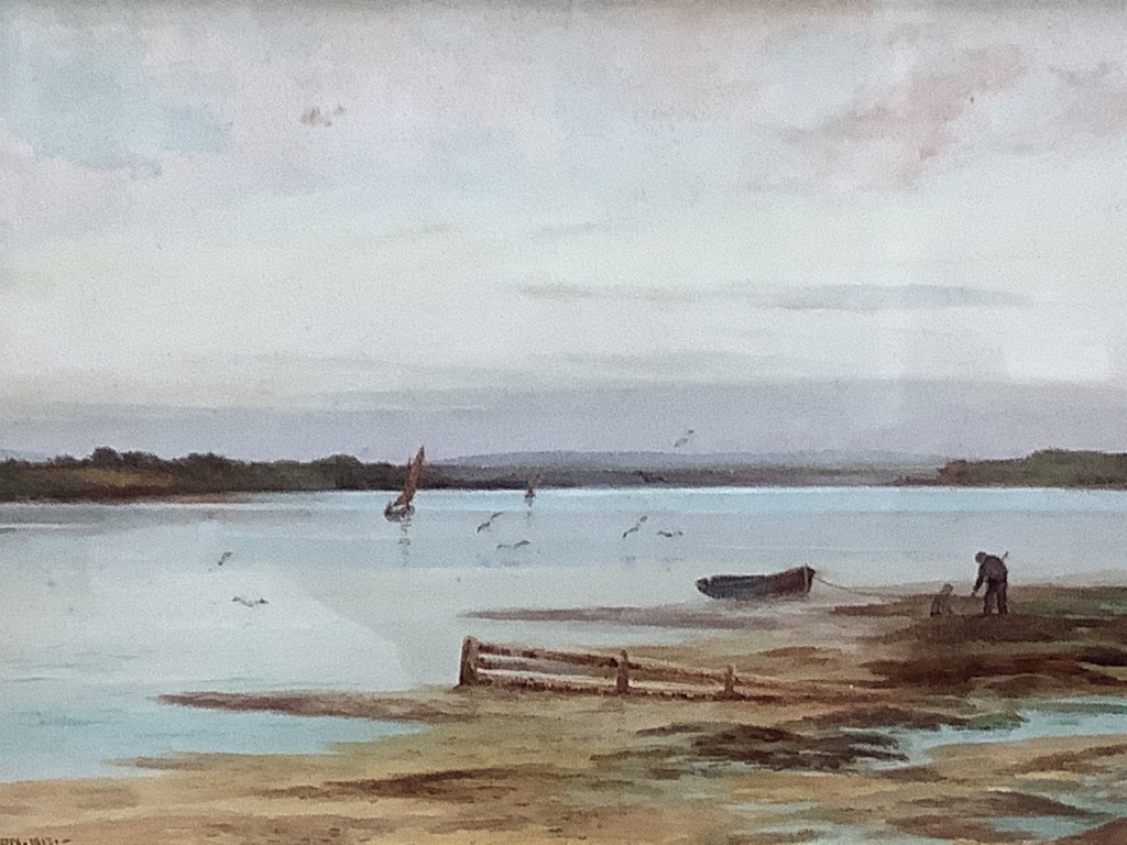 George Oyston (1861-1937), watercolour, Figures on the shore at low tide, signed and dated 1913, 27 x 45cm and a Rustic landscape by L.G. Bomford, 1872, 26 x 45cm